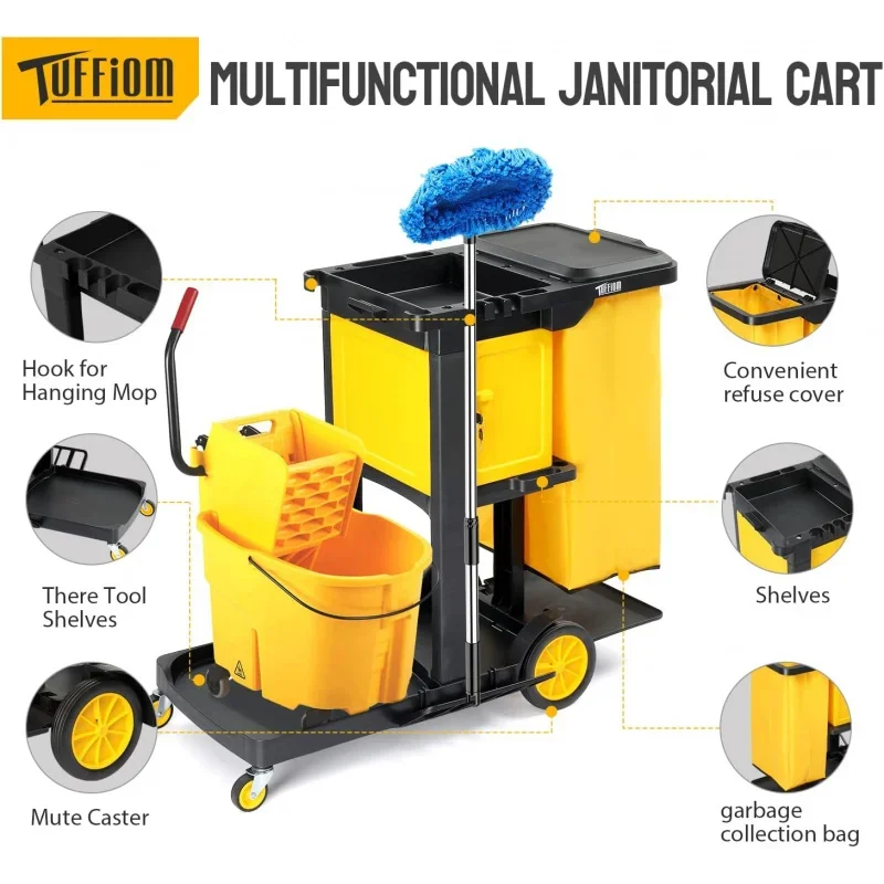 Janitorial Cart with Key-Locking Cabinet, 3-Shelf Commercial Cleaning Cart, Housekeeping Caddy with Locker,Wheeled with Yellow V