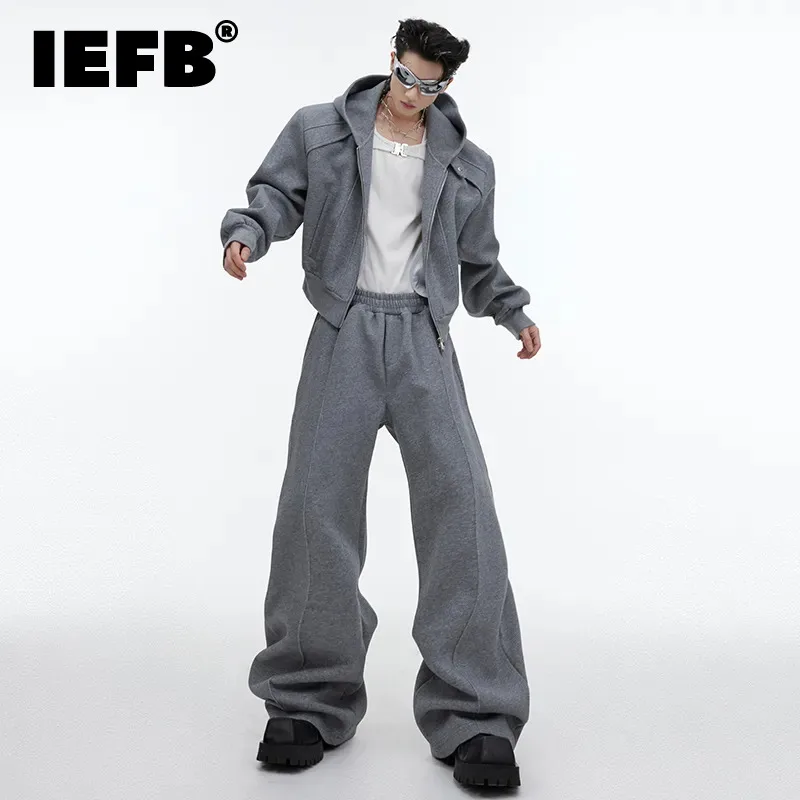 

IEFB Autumn Winter Men's Set Niche Design Loose Oversize Hooded Sweater Fashion Sequin Baggy Sweatpants Solid Color Trend 9C2648