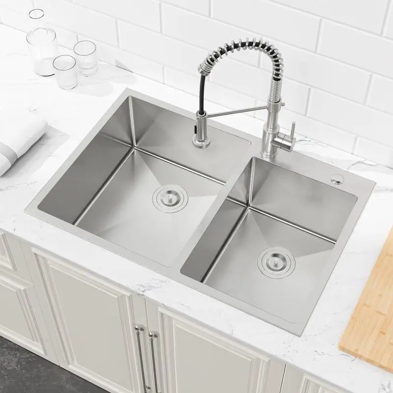 33"x19" Embedded Double Bowl Kitchen Sink, Overmount Handmade Sink in Brushed Finish, Stainless Steel Sink, Durable Kitchen