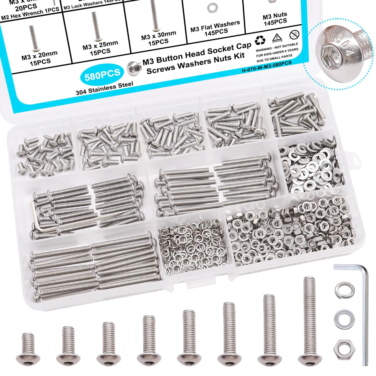 

580 PCS M3 Screw Kit, M3 x 6/8/10/12/16/20/25/30mm Stud Head Internal Hex Wrench Bolt Nut Gasket Combination Kit, 304 Stainless