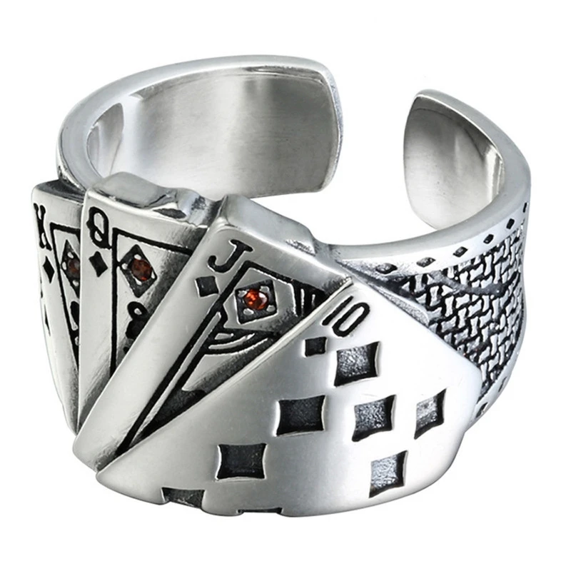 F19D Gothic Band Ring Vintage Gambling Punk Jewelry Adjustable for Women Men