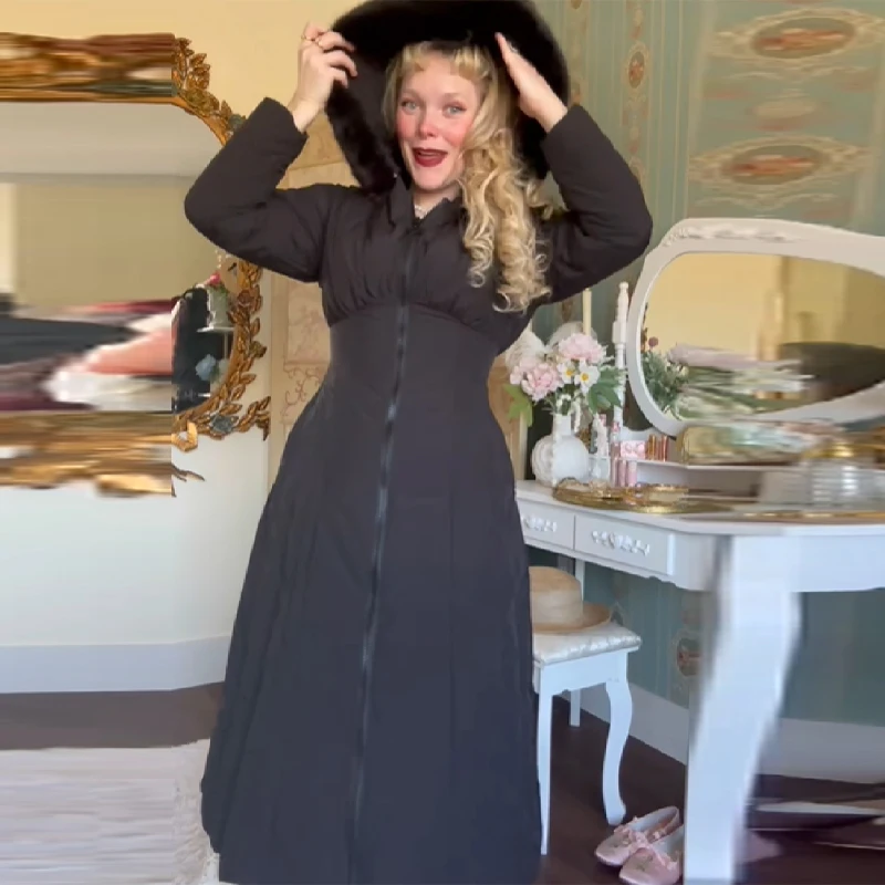 

Женская осенне-зимняя длинная куртка с капюшоном на хлопковой подкладке, теплое пальто трапециевидной формы с высокой талией, платье 2025 года, новая женская теплая верхняя одежда High Street