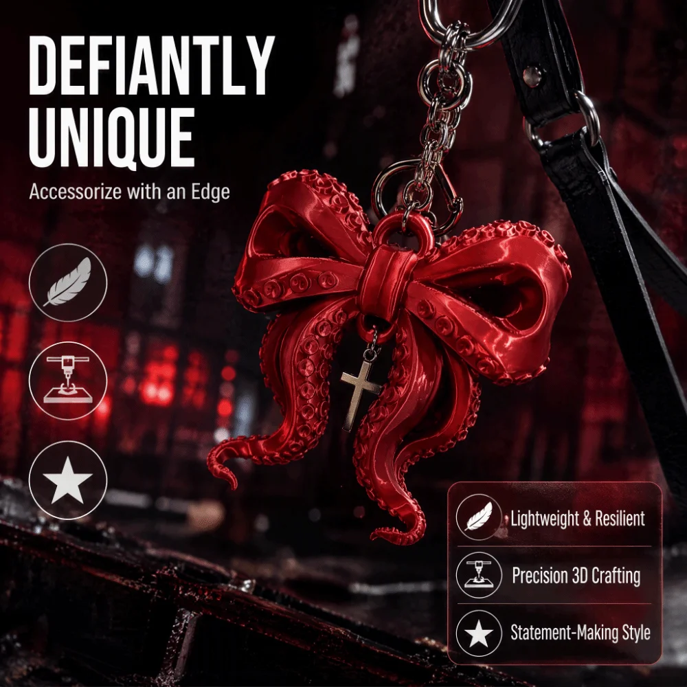 3D Printed Octopus Tentacle Bow Keychain Fashion Creative Octopus Bow Pendant Gothic Cross Cthulhu Style Keyring Backpack Decor
