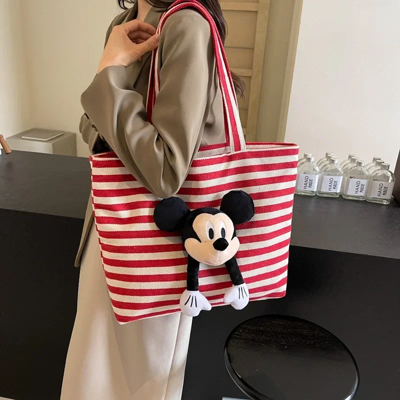 Gestreifte Canvas-Umhängetasche für Damen, süße Tragetasche, Minnie-Handtasche, Disney Mickey Mouse, Schwarz und Weiß, Einkaufen