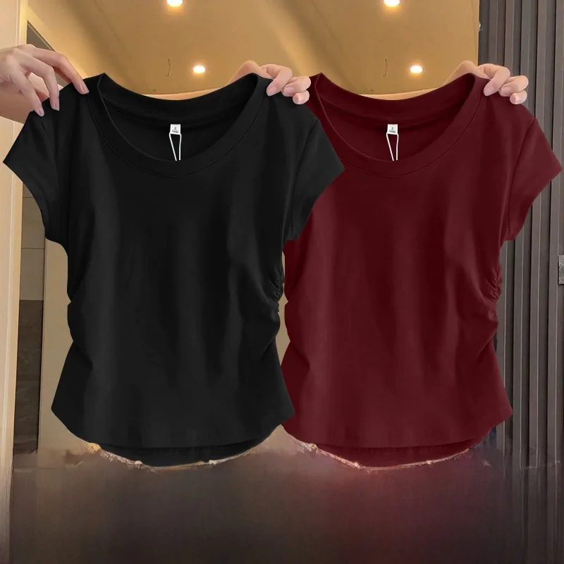 Women's ort Sve T-irt 2025 New Summer Slim Fit Design Teaded Waist Pure Color Body a Versatile Top Quali