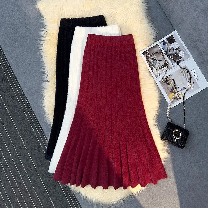 

Эластичные вечерние плиссированные юбки с высокой талией и запахом на бедрах, осень-зима, женская элегантная однотонная трикотажная полуюбка