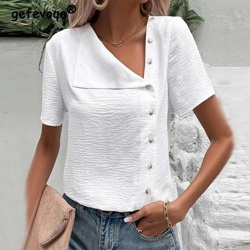 

New Women Vintage Asymmetric Cotton Linen Button Up Shirt Summer Fashion Short Sleeve Office Lady Blouse Solid Loose Tops Blusas