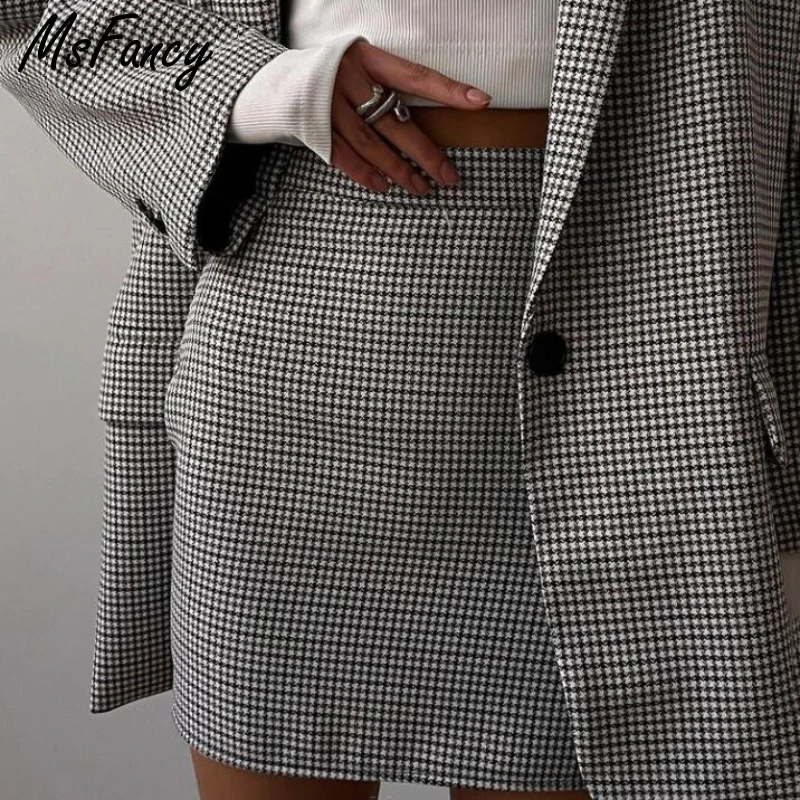 Msfancy Plaid Suit Women 2022 Fashion Vintage Blazer Skirt Set Mujer Spring Casual Tailleur Femme Mini Skirt 2 Piece Set