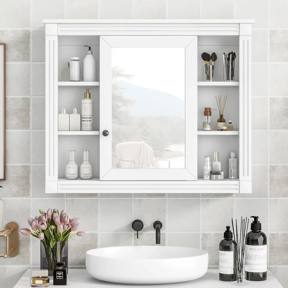 

Medicine Cabinet with Mirror, Wall Mount Bathroom Cabinet 35" x 28" Over Toilet Storage Cabinet Organizer with Door and Open Sh