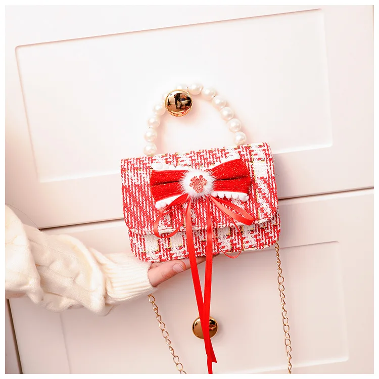 حقائب كتف مربعة صغيرة حمراء للأطفال بفيونكة حلوة لعطلة الشتاء وحقائب هدايا للفتيات الصغيرات بمقبض لؤلؤي وحقيبة ساعي الأميرة
