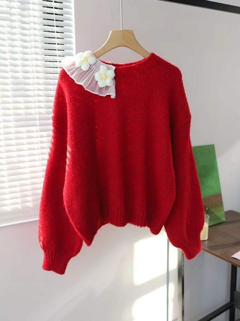 

Корейский сладкий красный свитер, женский осенне-зимний новый модный универсальный топ, вязаный топ с 3D цветочной вышивкой, теплый