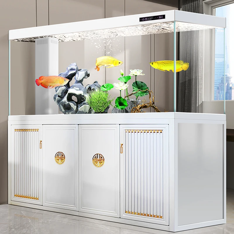 

Chinese bottom filter large arowana tank gold crystal ultra-white glass screen partition office living room home