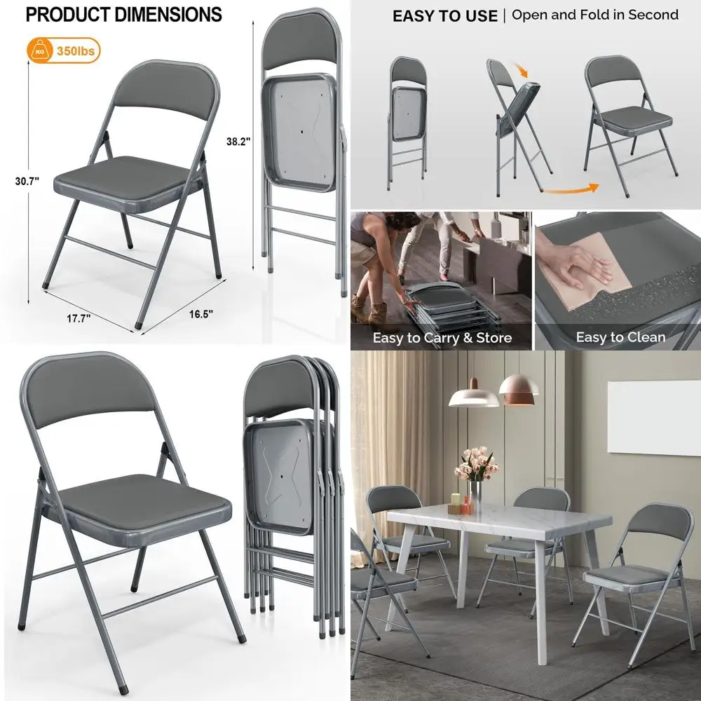 

Gray Padded Folding Chairs, Metal Frame, PU Leather, 350 lbs Capacity