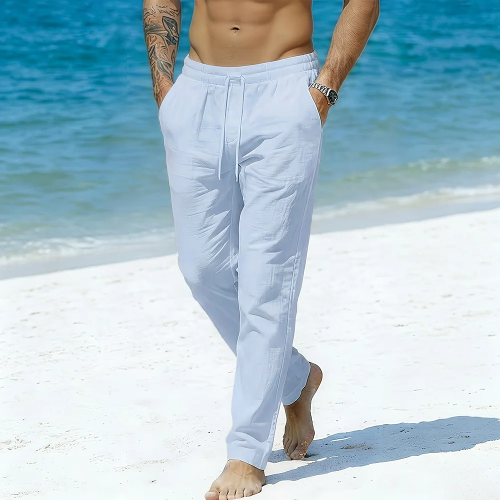 Herren Freizeithose aus Baumwolle und Leinen, Leicht und Atmungsaktiv, Einfarbig mit Geradem Bein und Elastischem Bund, Klassische Herrenhose