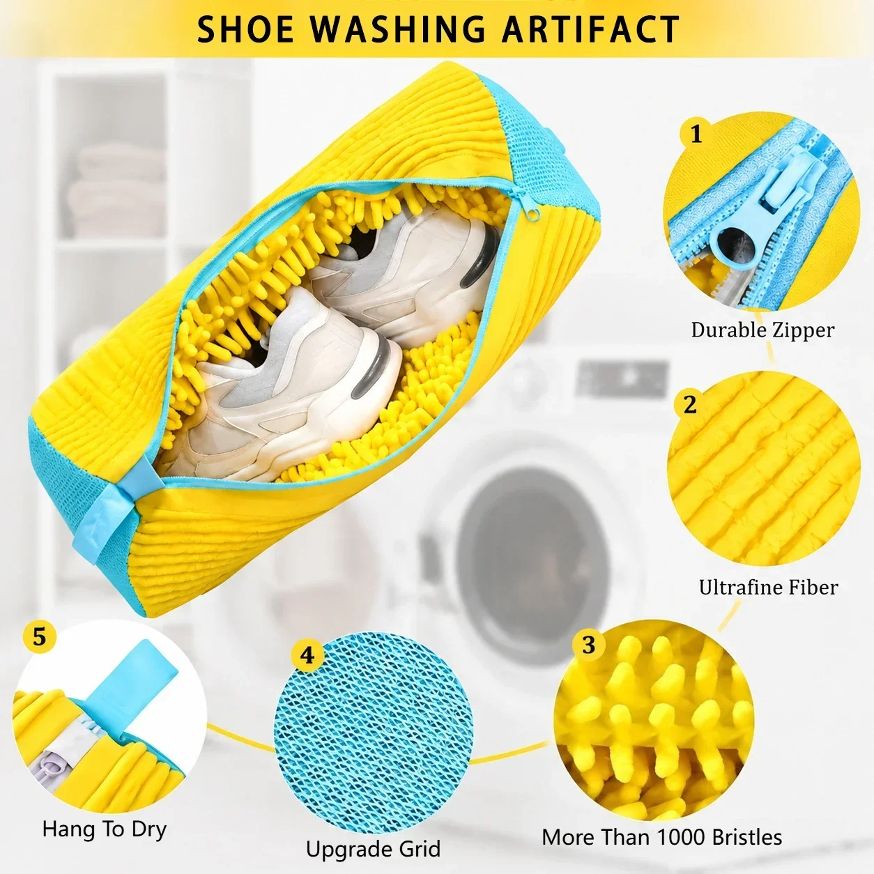 Durable Shoe Washing Machine Bag for All Shoe Types-Yellow with Blue Zipper,Ideal for Sneakers and Casual Shoes,Laundry Wash Bag