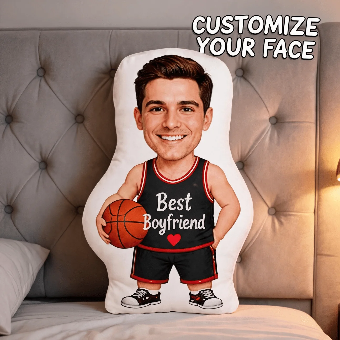 Custom Photo Basketball Player Shaped Pillow, Personalized Face Decorative Cushion with Sports Jersey, Unique Home Decor Accent