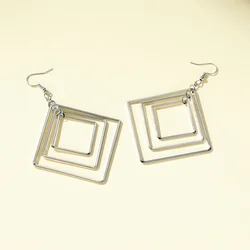 Three-Layer Hollow Rhombus Oval Simple Silver Plated Alloy Women Dangle Earrings & Drop Earrings