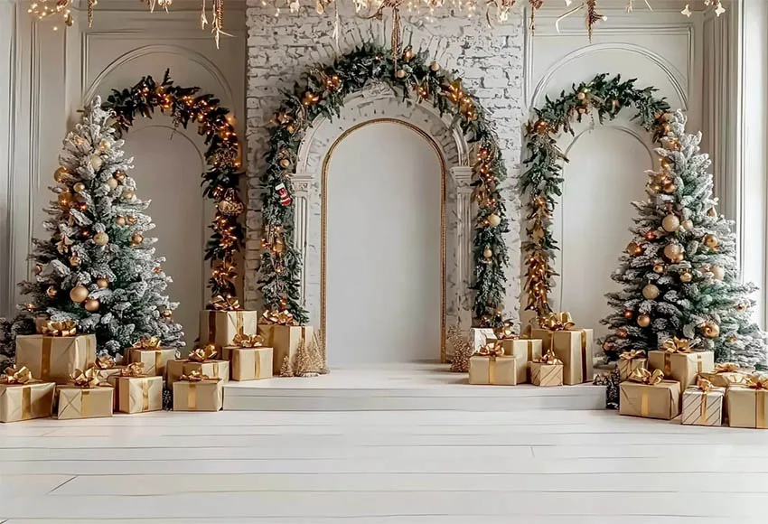 Фон Mehofond с изображением арки гирлянды кирпичной стены Рождественская фотография для детей портрет дерево подарочные коробки огни Декор Фон фотозона