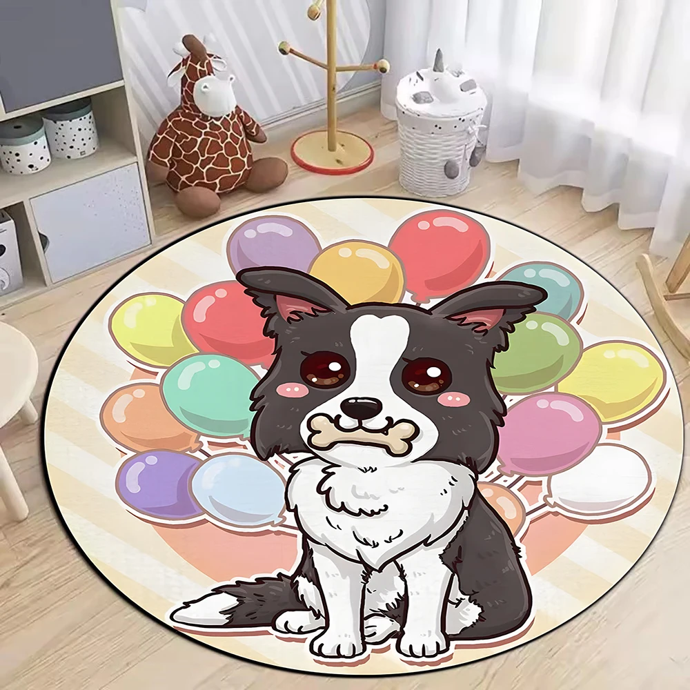 Kawaii Cartoon Dog Pattern Round Carpet Strawberry Balloon Decor Style Cute Pet Style Kids Bedroom Play Area
