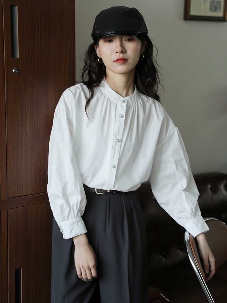 

Spring 2025 Women's Loose Fit Lantern Sve round Ne White irt Vintage Sle Cotton Blend Long Sve Busin Casual Top