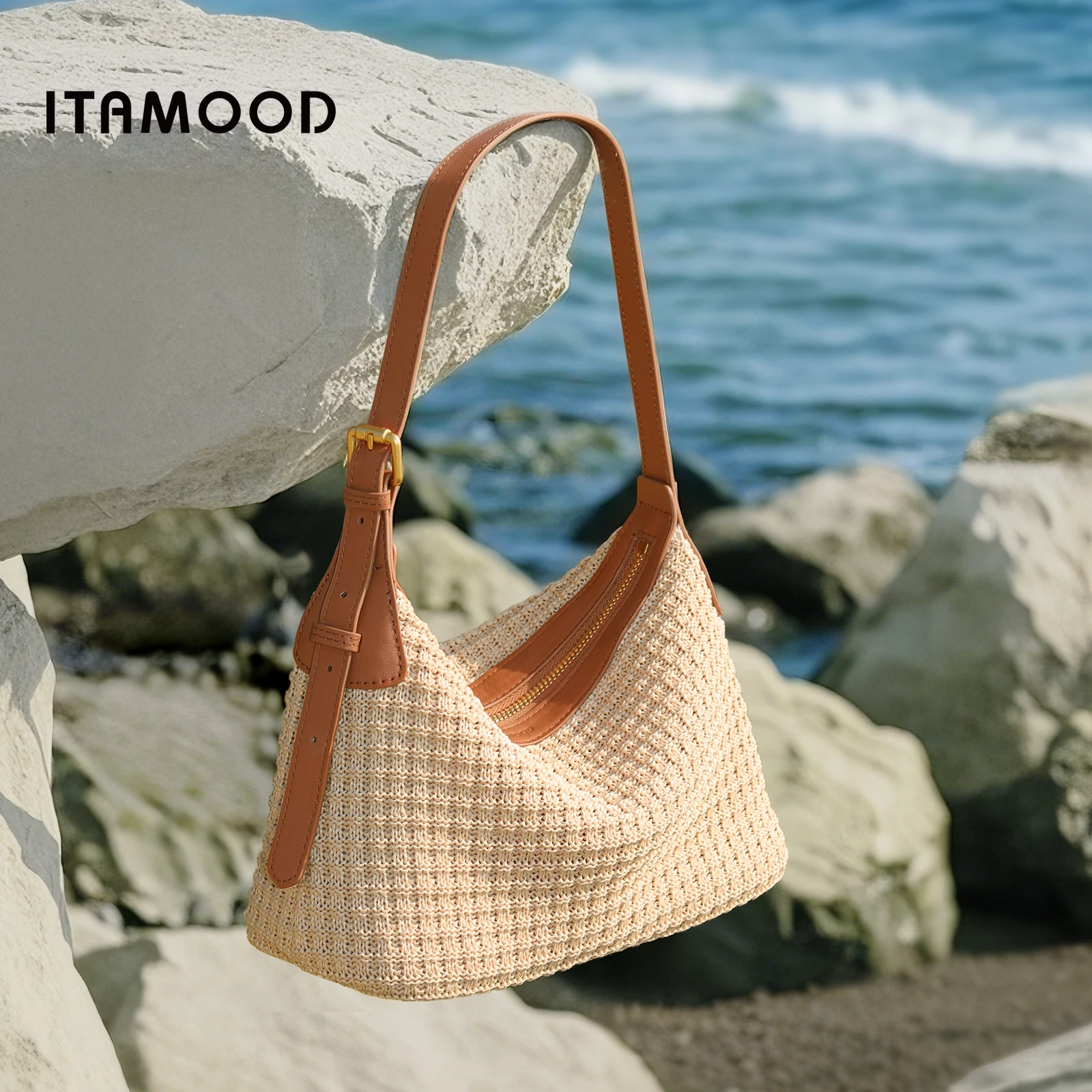 

ITAMOOD Woven Bag Women Summer Beach Bag Genuine Leather Shoulder Strap Hobo Armpit Commuting Large Capacity Tote Crossbody Bag