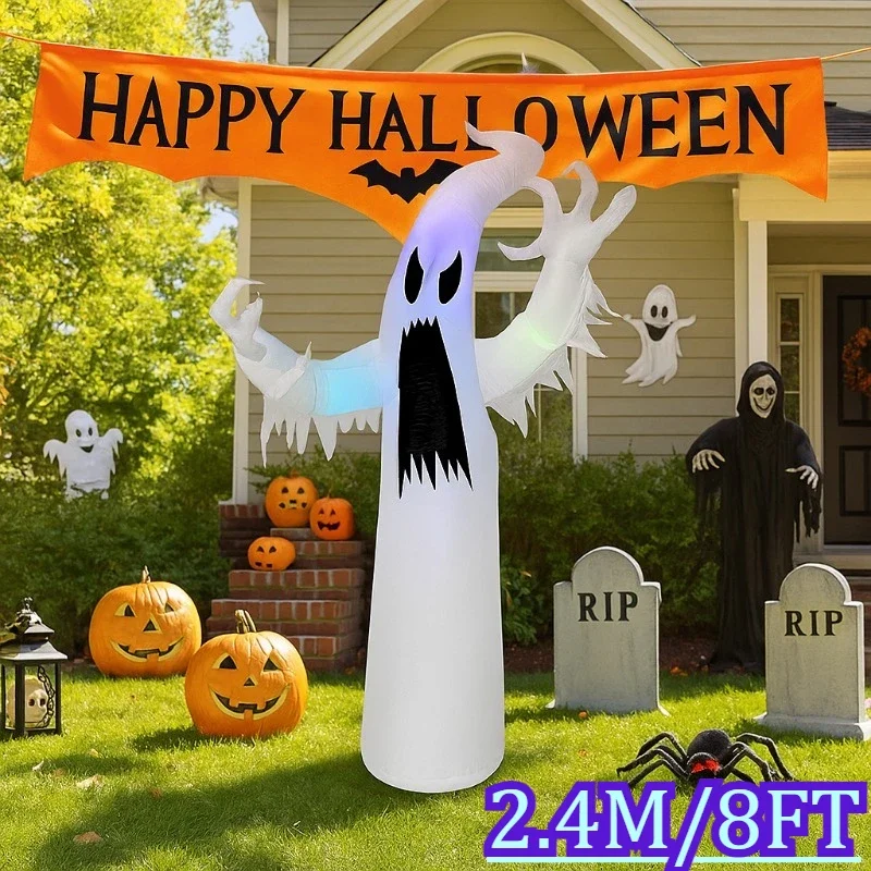 8FT Outdoor Holiday Decorations Inflatable Model Halloween Flame LED Light Ghost Inflatable Model Party Yard Garden Layout Props