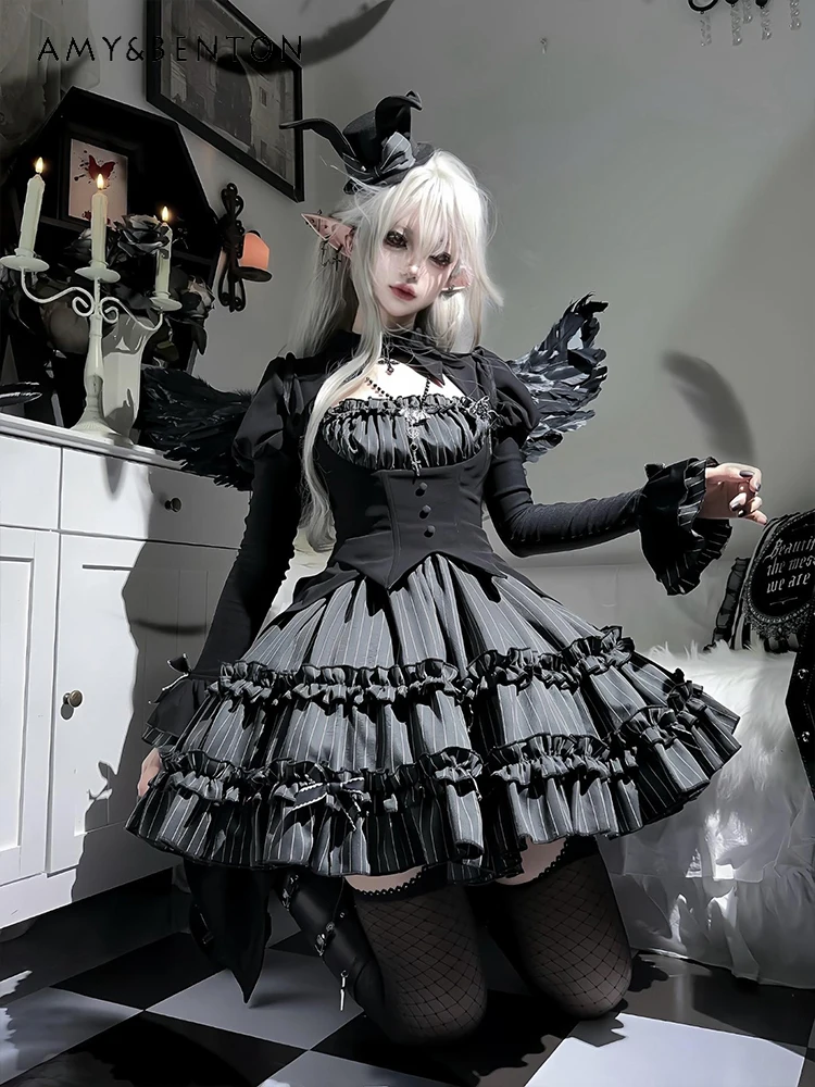 

Summer New Hot Sale Dark Gothic Style Fake Two-Piece Striped Lolita Long Sleeve Waist-Cinching Mid-Length Dress