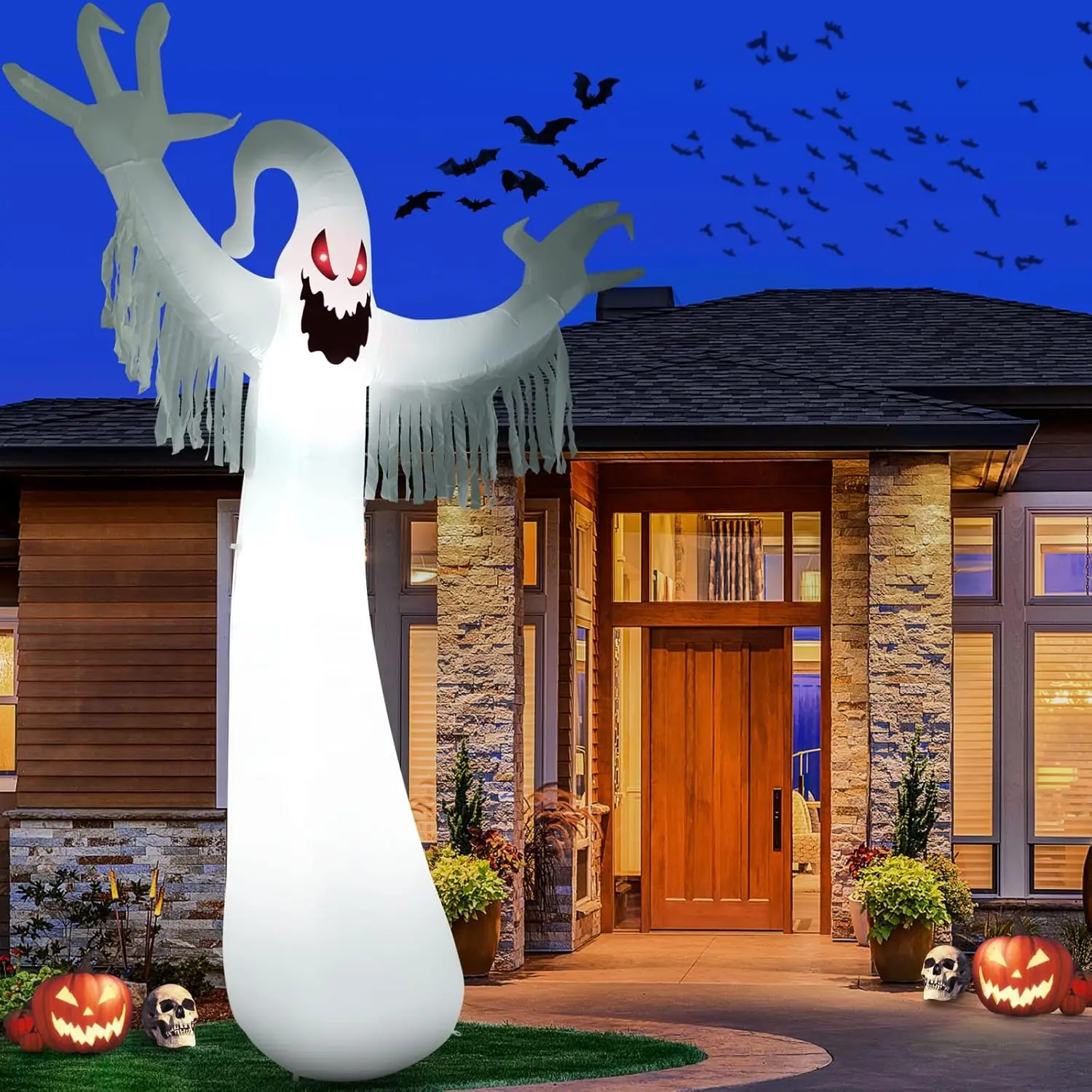 

Animated Red Eyes Ghost with Build-in LEDs, Outdoor Scary Inflatable Decoration for Front Yard, Porch, Lawm or Halloween Party