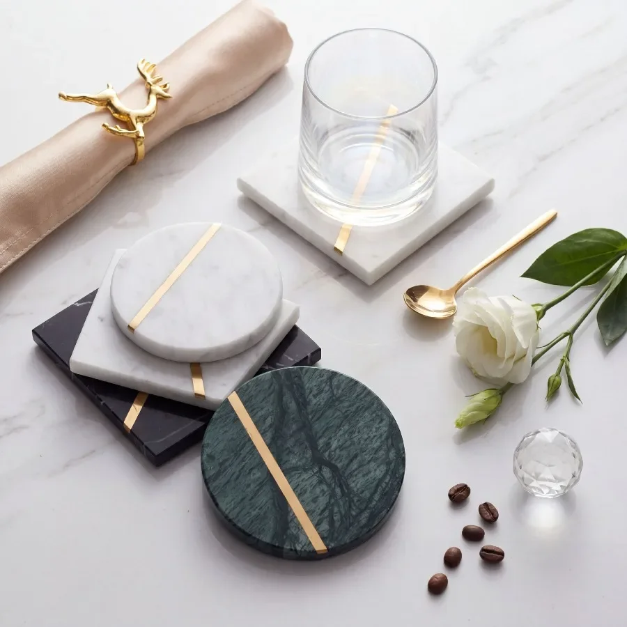 Luxury Marble Ceramic Coaster Gold Plating Geometric Design Waterproof Heat Insulated Pad Jewelry Tray Home Desk Decor Set
