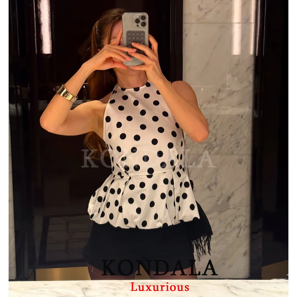 KONDALA Sexy Chic Polka Dot Print Women Tops Halter Backless Ruffles Tops Fashion 2026 Spring Summer Y2K Girl Holiday Beach Tops