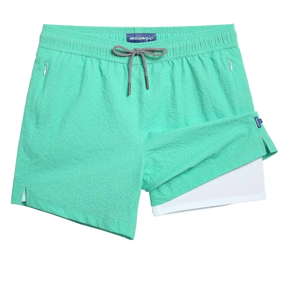 

Men's Swim Trunks 5.5 inch Seersucker 2 in 1 Beach Shorts Quick Dry Bathing Suits with Compression Liner