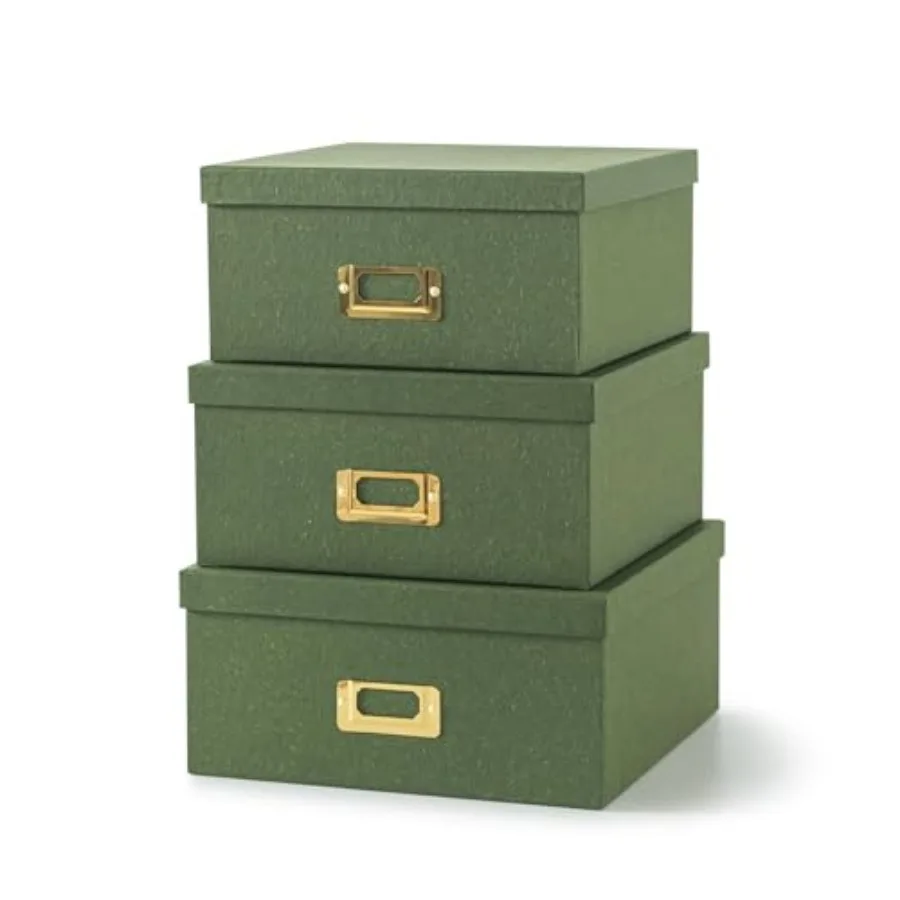 

Kraft Paper Boxes for Storage - Set of 3 Square Stacking Boxes with Lids and Gold Label Holders, Decorative Photo Storage, Nest
