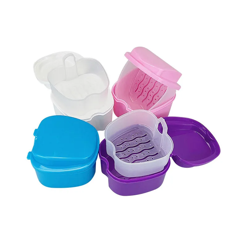 Denture Bath Box Cleaning False Teeth Storage Box With Hanging Net Container Artificial Tooth Case Orthodontic Retainer Case