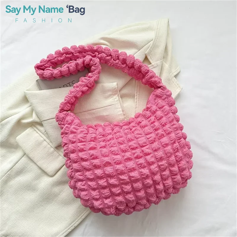 Fashion Pleated Design Shoulder Bag Cute Pleated Bubbles Solid Color Tote Bag Large Capacity Embroidered Satchel Bags Women