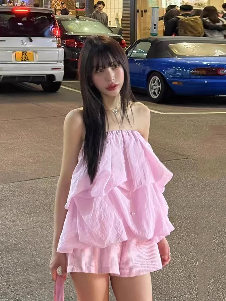 

Clothland Women Sweet Ruffled Blouse Strapless Sleeveless Backless Shirt Female Chic Sexy Summer Tops Blusa WA346