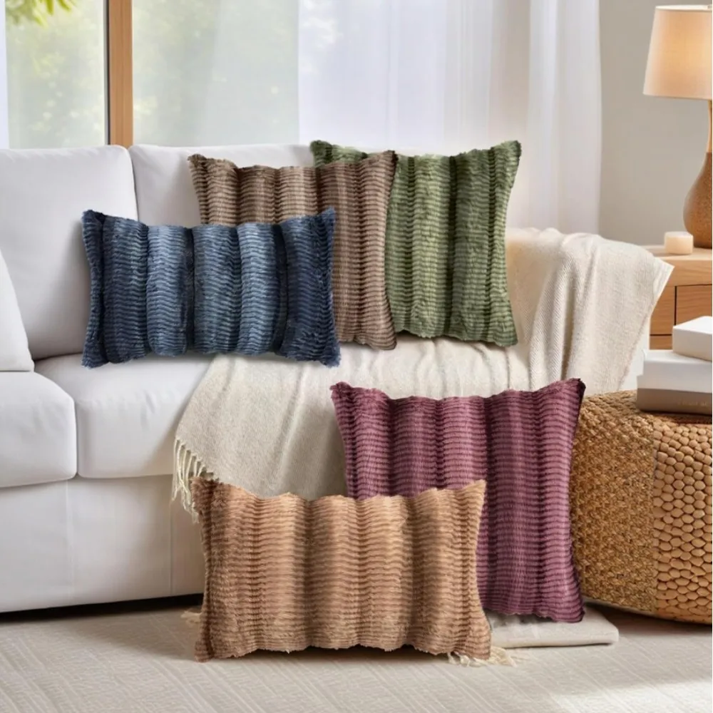 1/2pcs Faux Fur Gradient Coffee Throw Pillow Covers 18x18 Inch, Decorative Striped Plush Couch Pillow Covers with Velvet Back