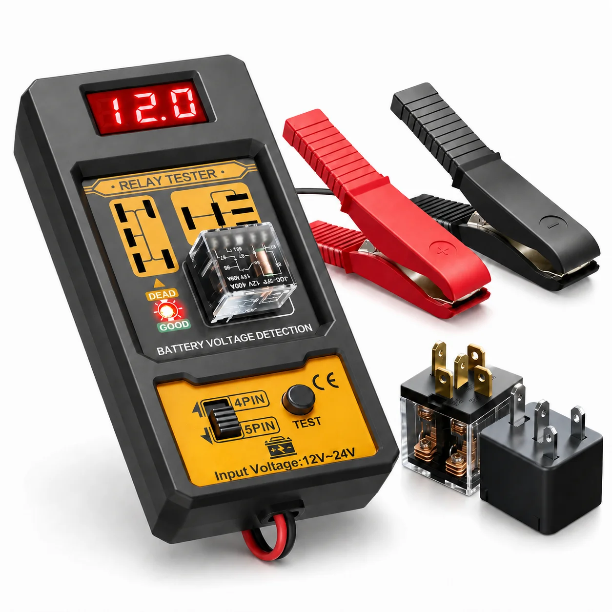 12V 24V Car Relay Tester, Automotive Electrical Diagnostic Tool with Digital Display, Test Button and Alligator Clips