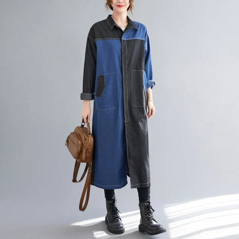 Cor blo waed denim irt dr longo sve colarinho saia evasê para mulheres plus size outono commute sle thiened