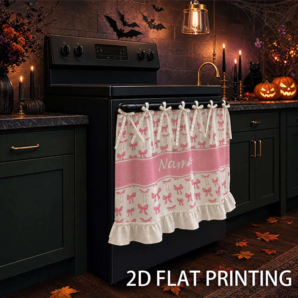 [Customized] 1 pc Kitchen Decor, Multifunctional Oven Protective Curtain, Customized with Your Name, Ruffled Hem, Tie-Back Desig
