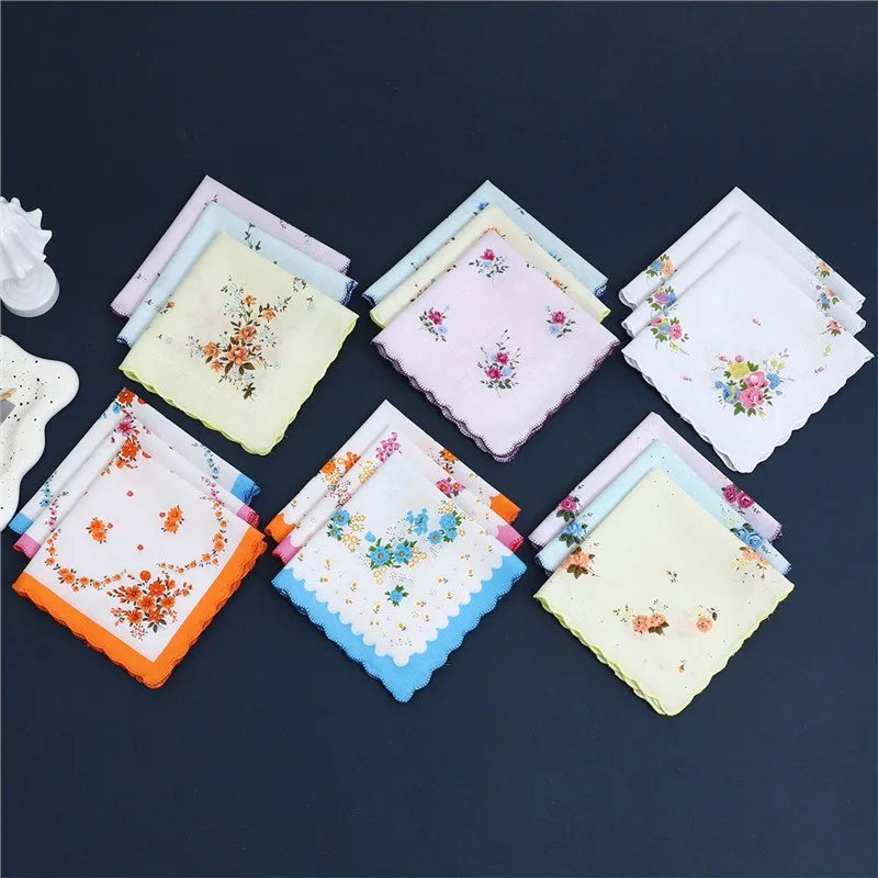 12Pcs Pure Cotton Women's Floral Small Handkerchief Old-fashioned Nostalgic Cotton Printed Thin Hand Towel Square Towel 30cm