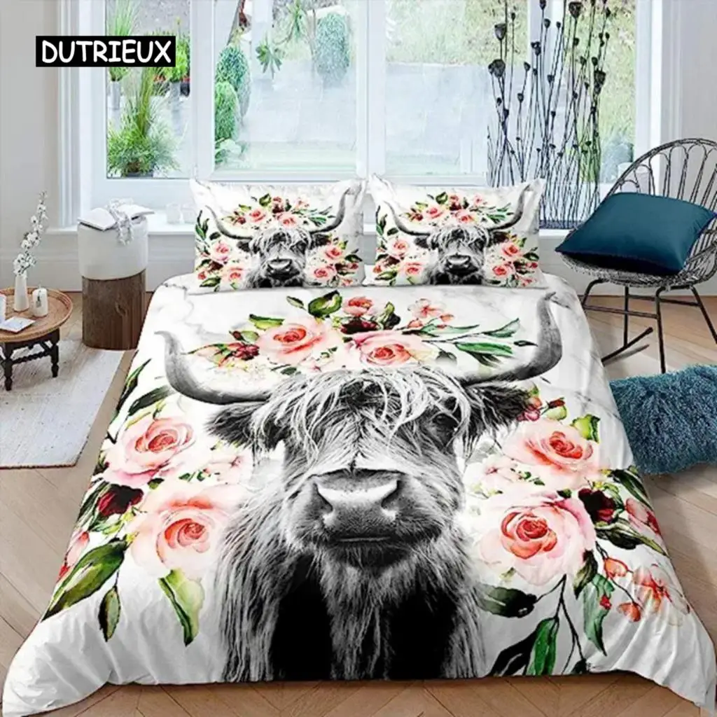 Highland Cow Flower Duvet Cover King Size Bull Cattle Bedding Set Western Funny Animal Comforter Cover Set Wildlife Farmhouse