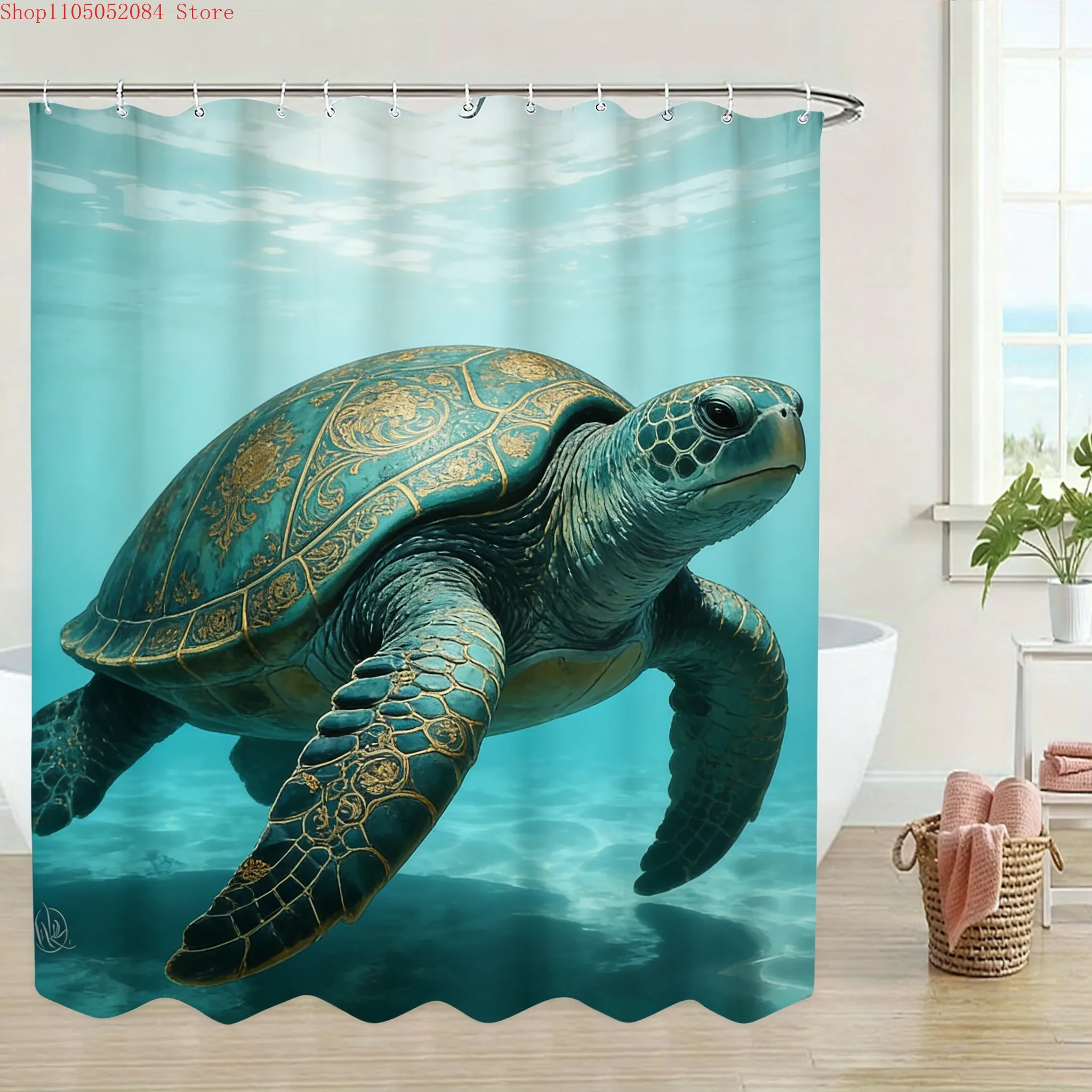 Ocean Turtle Shower Curtain, Artistic Sea Life Design with Golden Pattern, Underwater World Theme Waterproof Bath Liner for Home