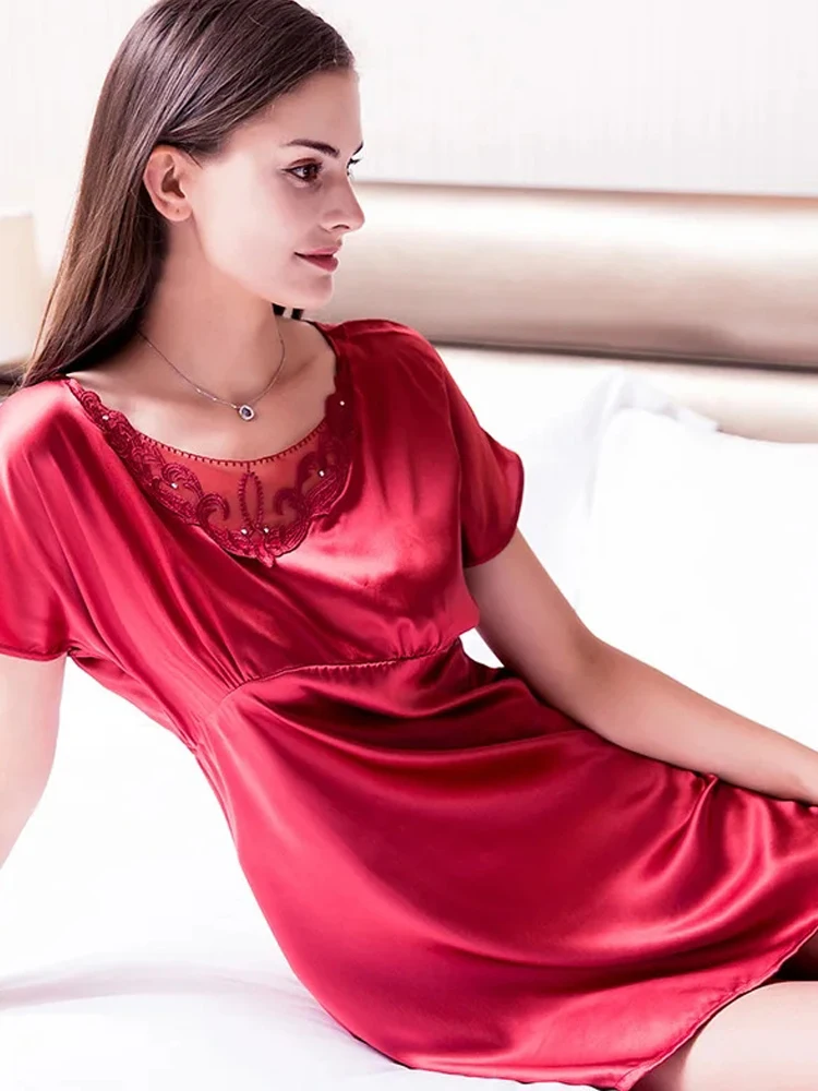 

Женская Повседневная Ночная рубашка с коротким рукавом и V-образным вырезом, модная пижама из 100% натурального шелка с юбкой, Новинка весна-лето 2024 P3D780QC