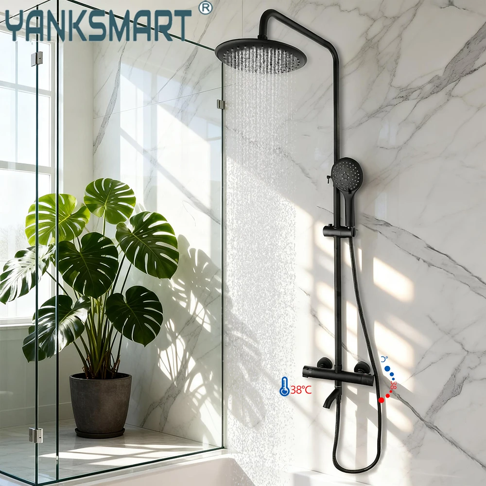 

YANKSMART Black Bathroom Shower Faucet Set 8" Rainfall Shower System Wall Mounted 38 Degree Thermostat Chuveiro Mixer Water Tap