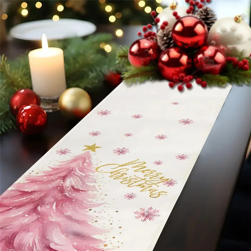 1pc pink Christmas tree table runner, made of eco-friendly linen material, is a daily high-end and simple table decoration