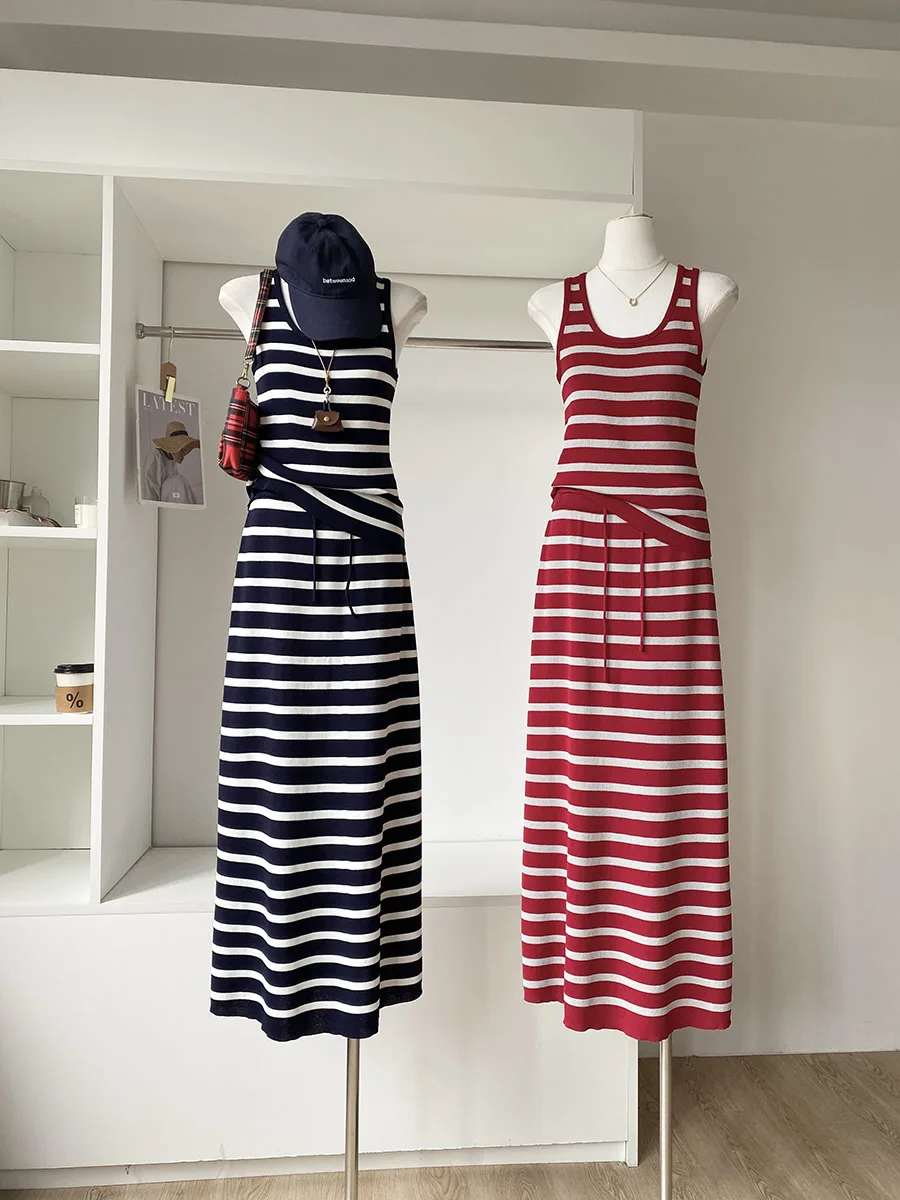 

2025 Summer New Fashion Striped Vest High Waist Slimming Drawstring Skirt Two-Piece Set Contrast Color Casual Outfit