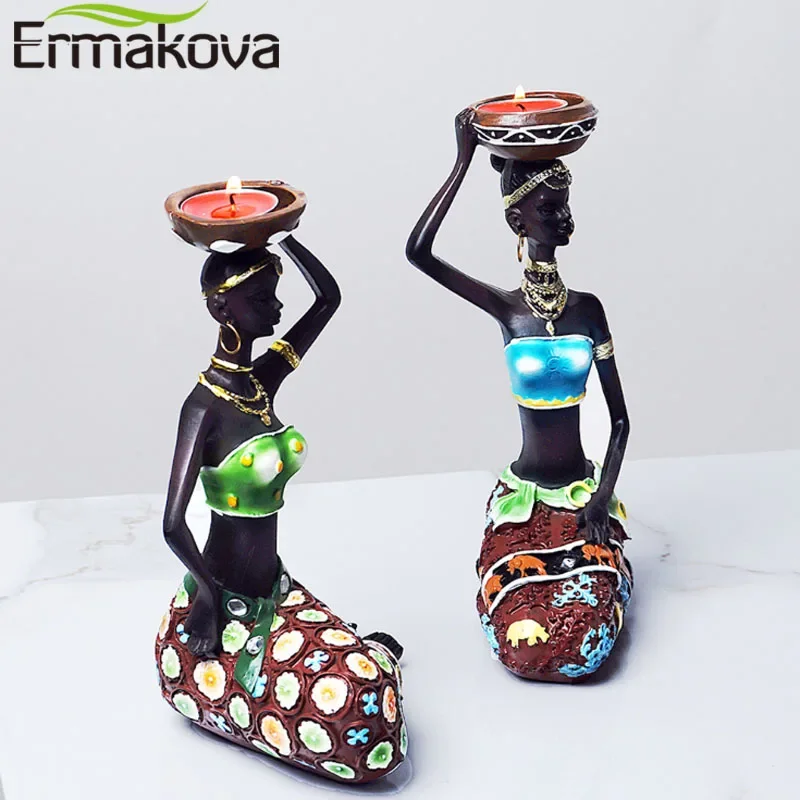 ERMAKOVA Statue Sculpture Candleholder Woman African Figurines Candle Holder For Dining Room Decoration Desk Accessories