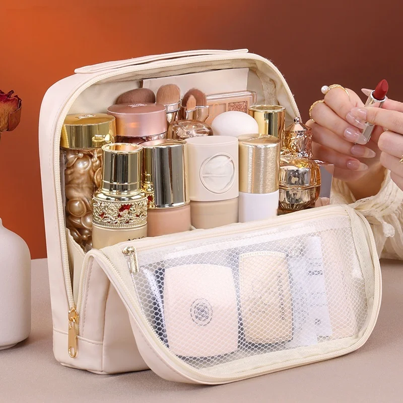 

Magnetic standing makeup bag, portable for outdoor use, large capacity partitioned storage, makeup storage bag, toiletry bag