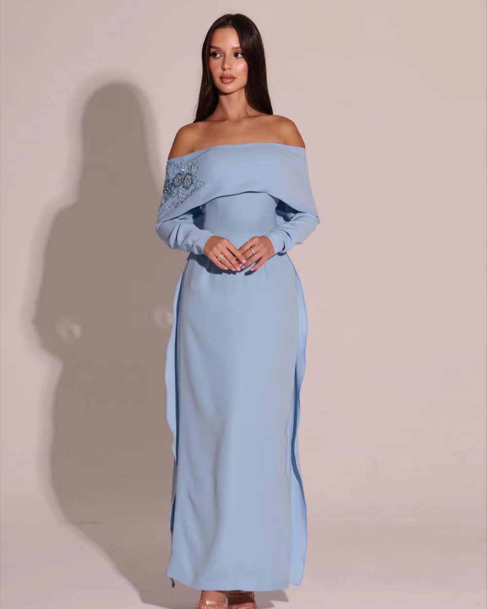 

Customized Elegant Fashion Jersey Sequined Pleat Straight Off-the-shoulder Ankle Length Dresses Bespoke Occasion Dresses Classic