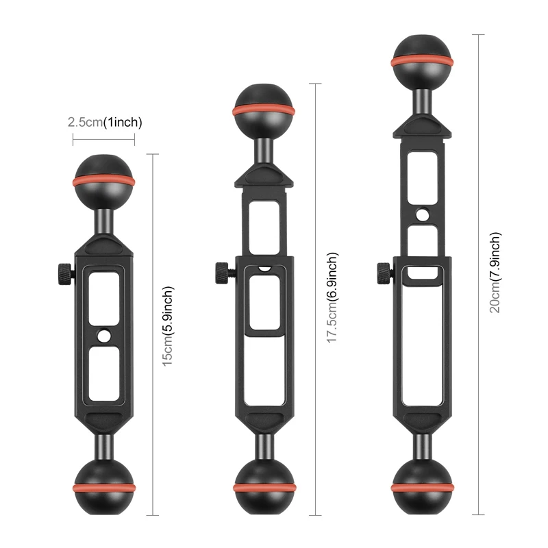 더블 볼 헤드 라이트 암 20Cm 볼 헤드가있는 조절 가능한 길이 25Mm 직경 1/4 인치 나사 구멍 다이빙 브래킷 검정색